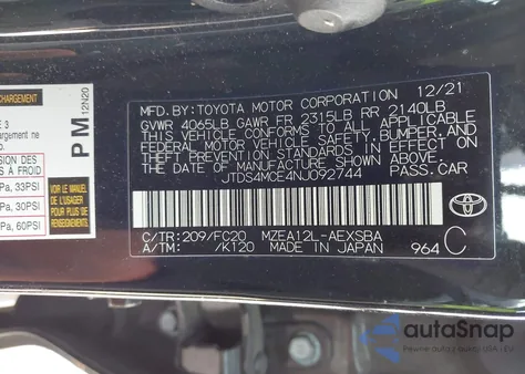 2022 Toyota Corolla Se from USA, damaged, VIN JTDS4MCE4NJ092744